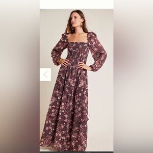 dolan Burgundy Floral Smocked Maxi Dress with Puff Sleeves